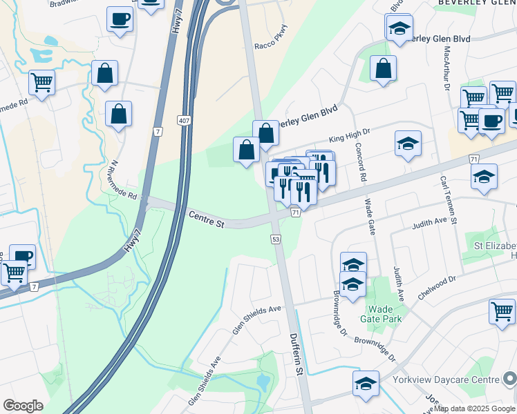 map of restaurants, bars, coffee shops, grocery stores, and more near 7818 Dufferin Street in Vaughan