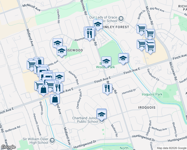 map of restaurants, bars, coffee shops, grocery stores, and more near 91 Bushmills Square in Toronto