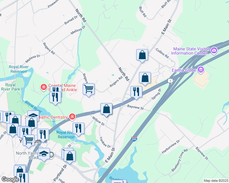 map of restaurants, bars, coffee shops, grocery stores, and more near 24 Sweetser Rd in Yarmouth