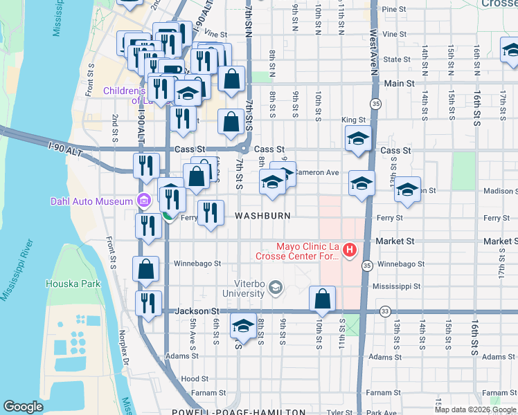 map of restaurants, bars, coffee shops, grocery stores, and more near 520 8th Street South in La Crosse