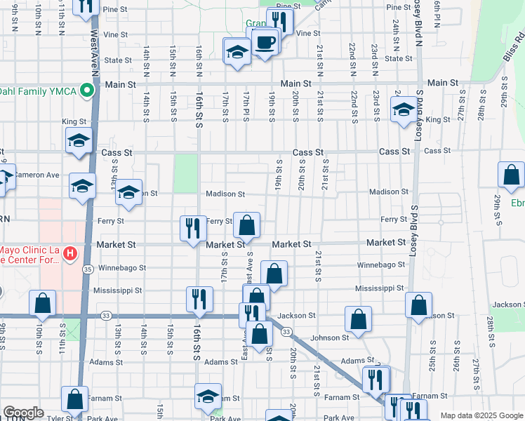 map of restaurants, bars, coffee shops, grocery stores, and more near 430 18th Place South in La Crosse