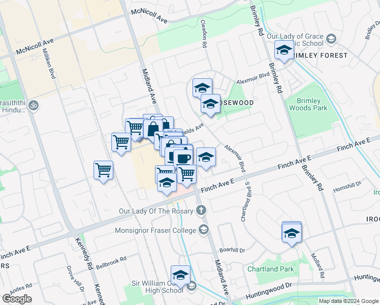 map of restaurants, bars, coffee shops, grocery stores, and more near 104 Dunmail Drive in Toronto