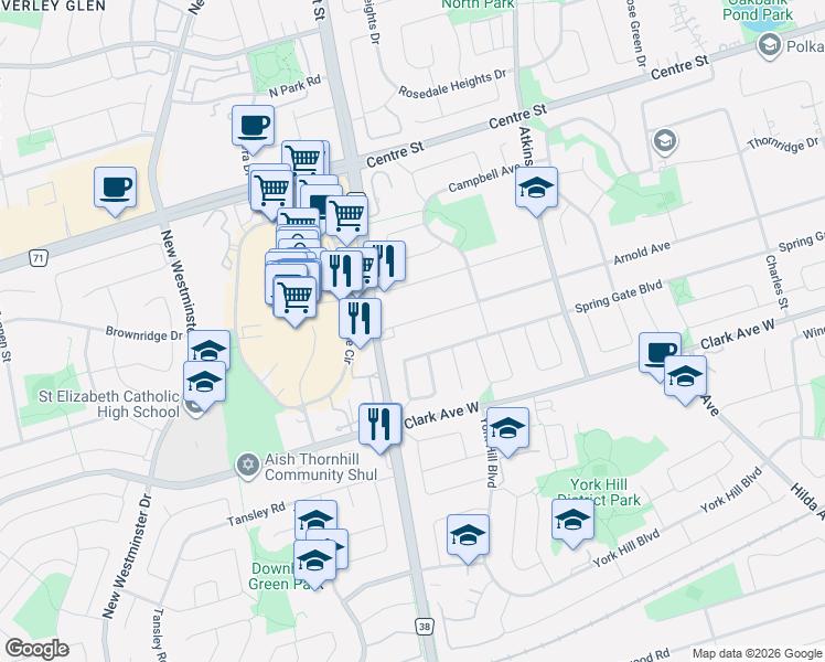 map of restaurants, bars, coffee shops, grocery stores, and more near 267 Arnold Avenue in Vaughan