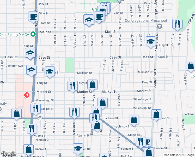 map of restaurants, bars, coffee shops, grocery stores, and more near 430 18th Place South in La Crosse