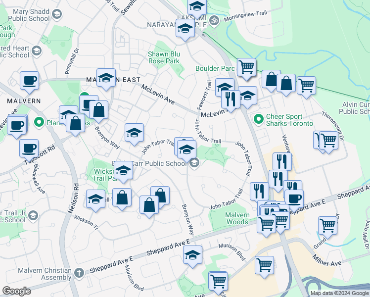map of restaurants, bars, coffee shops, grocery stores, and more near 74 John Tabor Trail in Toronto