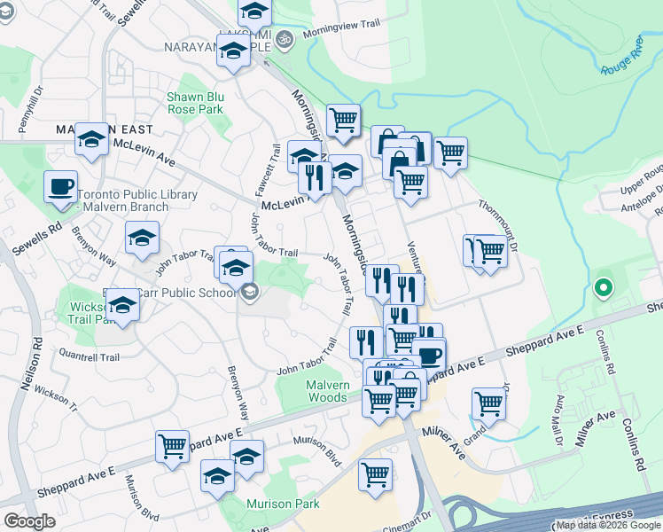 map of restaurants, bars, coffee shops, grocery stores, and more near 220 John Tabor Trail in Toronto