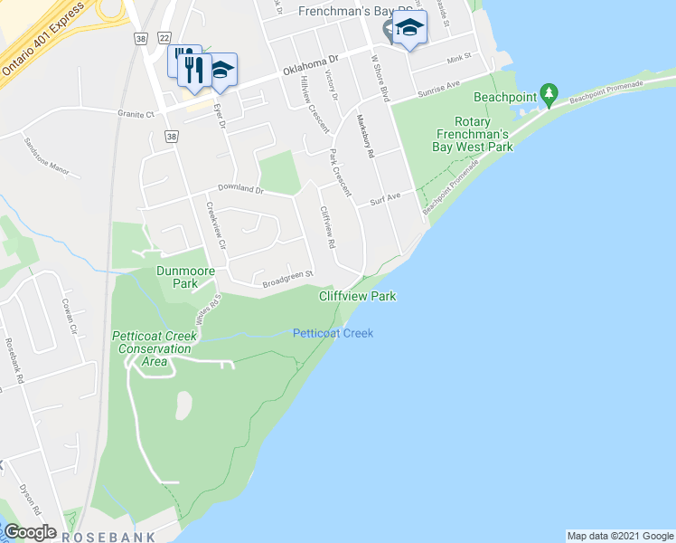 map of restaurants, bars, coffee shops, grocery stores, and more near 508 Cliffview Road in Pickering