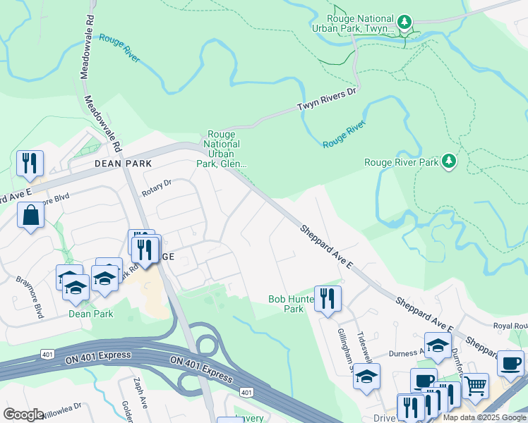 map of restaurants, bars, coffee shops, grocery stores, and more near 5 Heatherbank Trail in Toronto