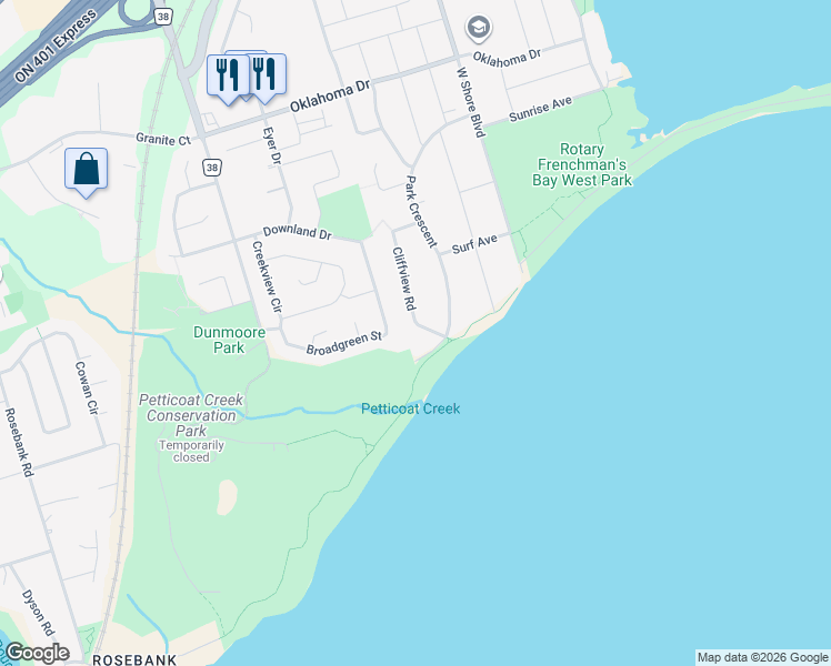 map of restaurants, bars, coffee shops, grocery stores, and more near 504 Park Crescent in Pickering