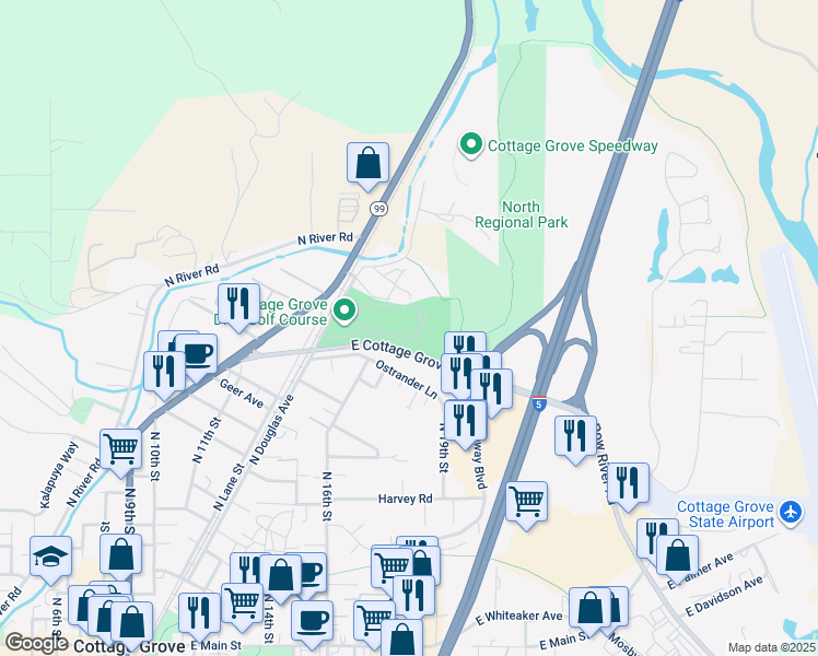 map of restaurants, bars, coffee shops, grocery stores, and more near 1700 North Douglas Avenue in Cottage Grove