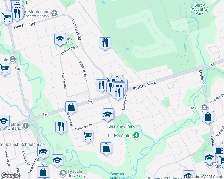 map of restaurants, bars, coffee shops, grocery stores, and more near 4 Canadiana Drive in Markham