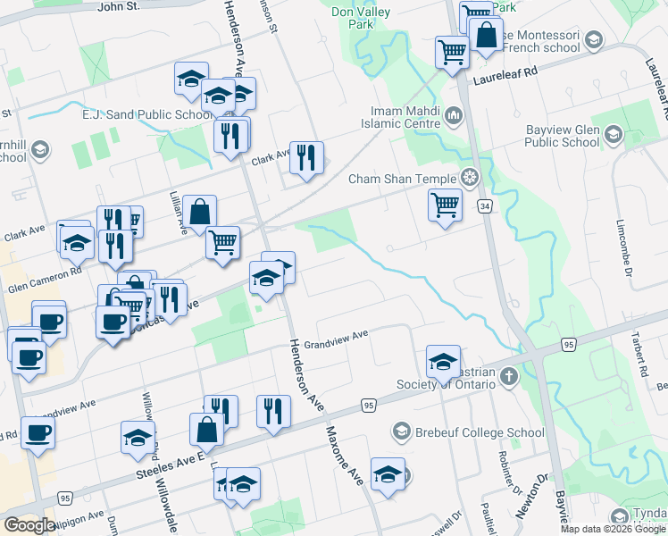 map of restaurants, bars, coffee shops, grocery stores, and more near 25 Dalmeny Road in Markham