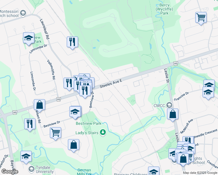 map of restaurants, bars, coffee shops, grocery stores, and more near 159 Mintwood Drive in Toronto
