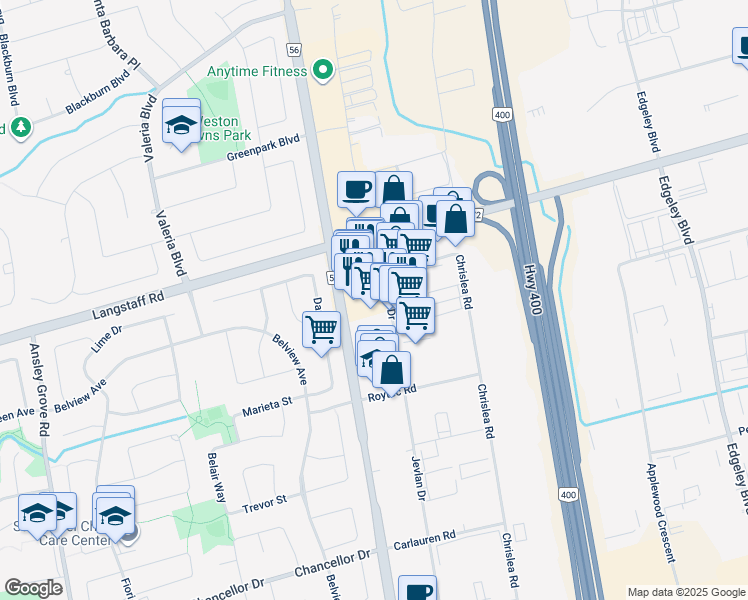 map of restaurants, bars, coffee shops, grocery stores, and more near 468 Jevlan Drive in Vaughan