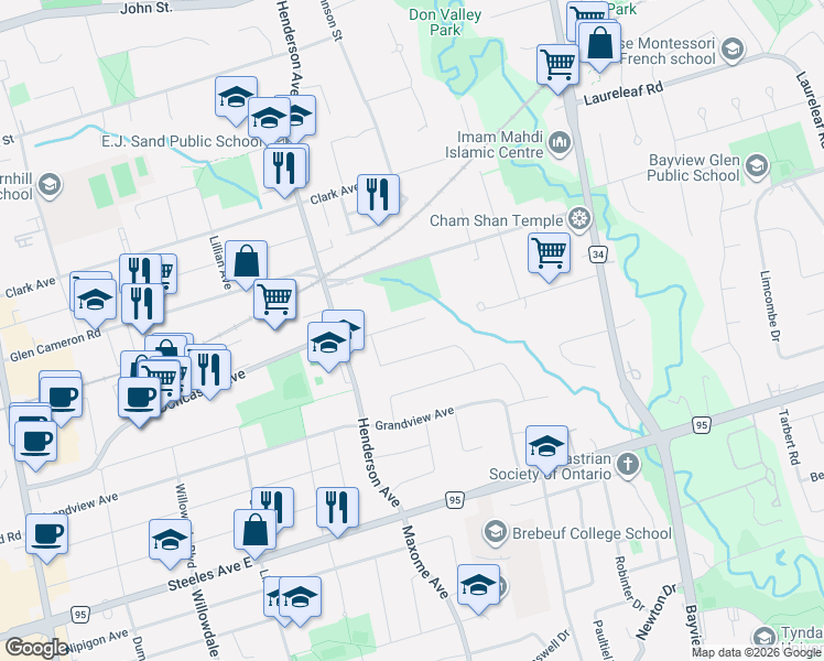 map of restaurants, bars, coffee shops, grocery stores, and more near 32 Delair Crescent in Markham