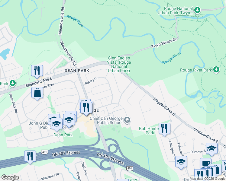 map of restaurants, bars, coffee shops, grocery stores, and more near in Toronto