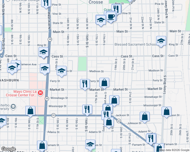 map of restaurants, bars, coffee shops, grocery stores, and more near 524 17th Street South in La Crosse