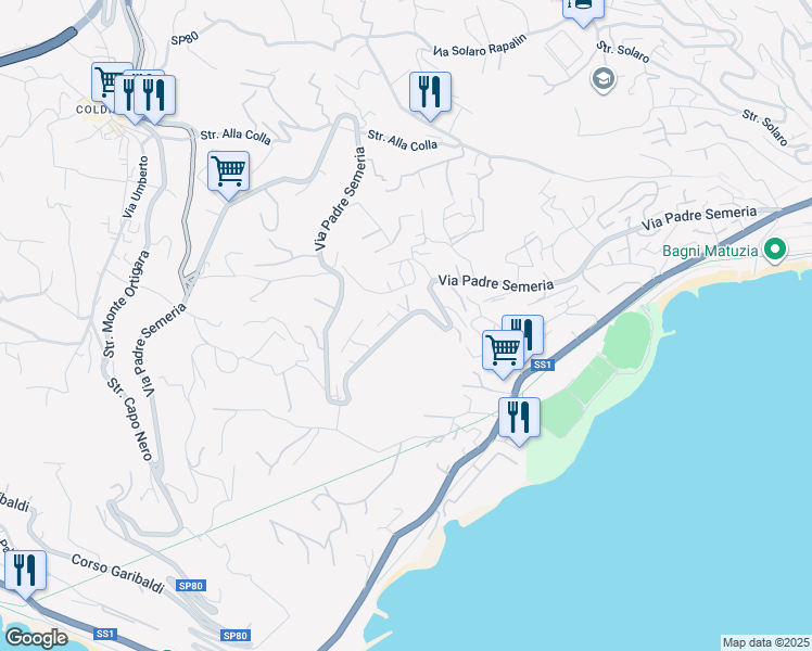 map of restaurants, bars, coffee shops, grocery stores, and more near 165 Via Padre Semeria in Sanremo