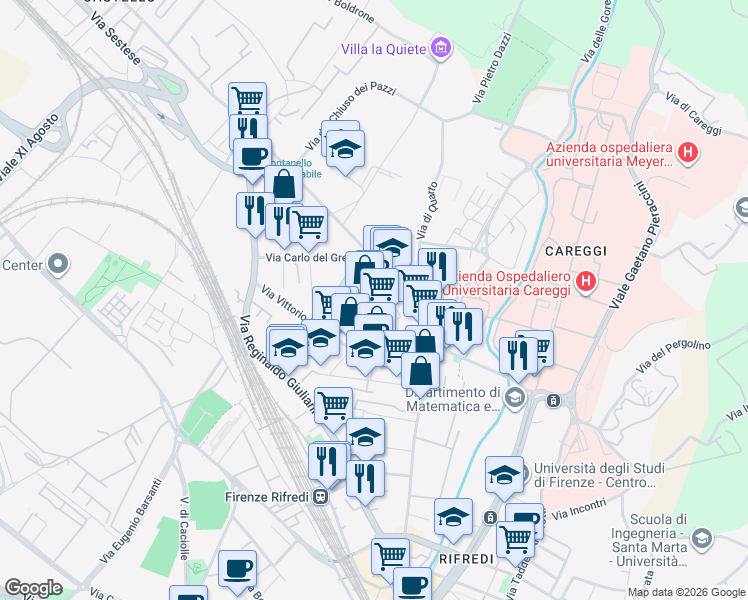 map of restaurants, bars, coffee shops, grocery stores, and more near 93 Via Enrico Guido Bocci in Firenze
