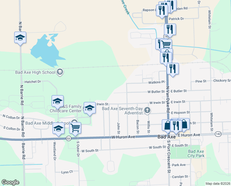 map of restaurants, bars, coffee shops, grocery stores, and more near 436 W Butler St in Bad Axe