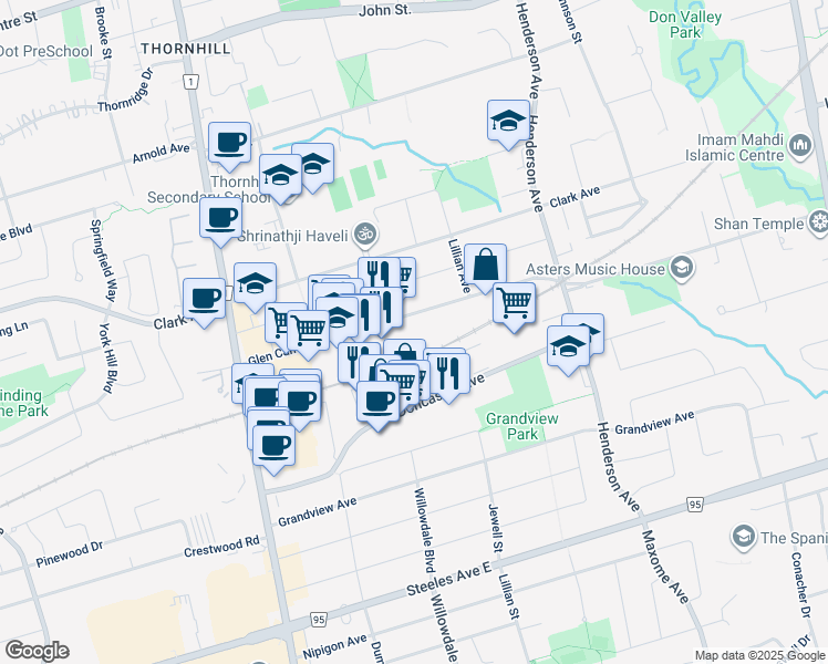 map of restaurants, bars, coffee shops, grocery stores, and more near in Markham