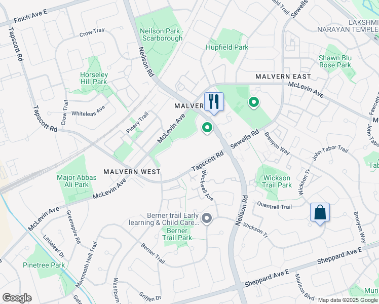 map of restaurants, bars, coffee shops, grocery stores, and more near 31 Tapscott Road in Toronto