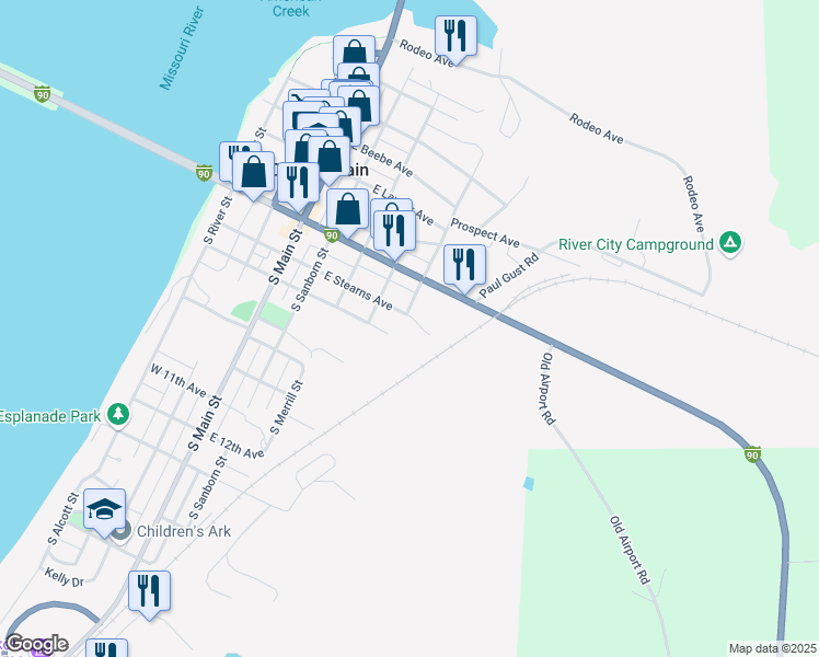 map of restaurants, bars, coffee shops, grocery stores, and more near 414 East Stearns Avenue in Chamberlain