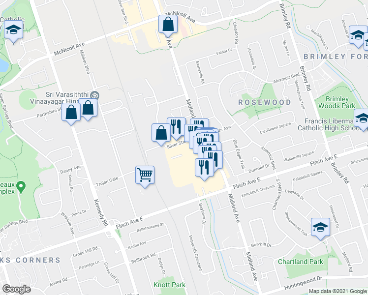 map of restaurants, bars, coffee shops, grocery stores, and more near 50 Silver Star Boulevard in Toronto