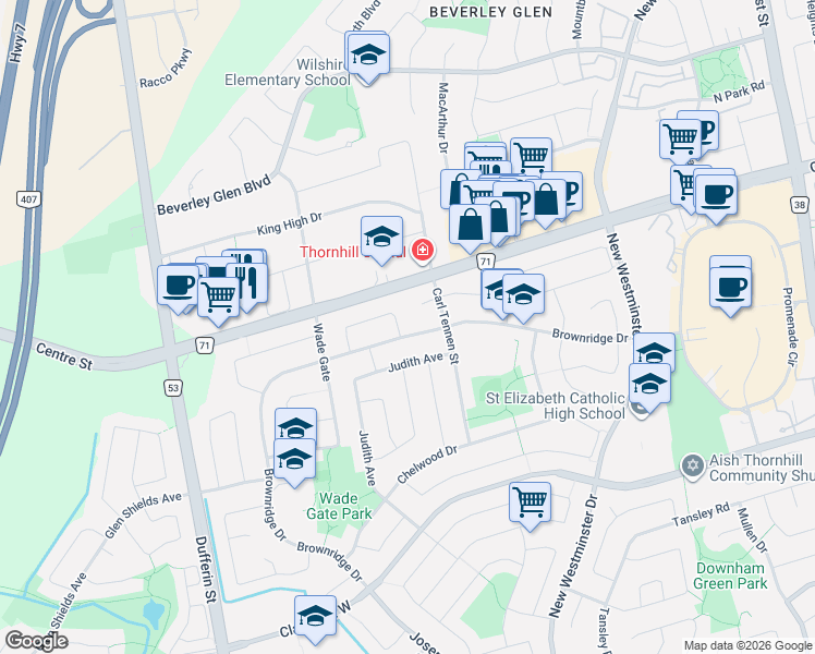 map of restaurants, bars, coffee shops, grocery stores, and more near 172 Brownridge Drive in Vaughan