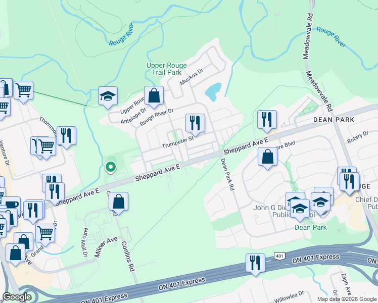 map of restaurants, bars, coffee shops, grocery stores, and more near 17 Coyote Crescent in Toronto
