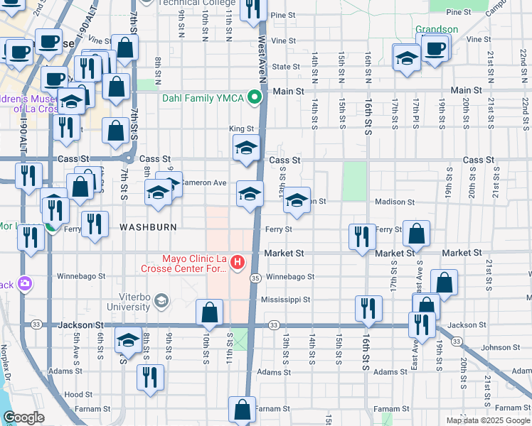 map of restaurants, bars, coffee shops, grocery stores, and more near 535 West Avenue South in La Crosse