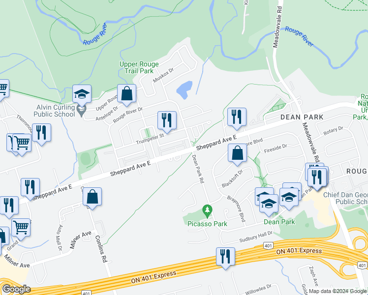 map of restaurants, bars, coffee shops, grocery stores, and more near in Toronto