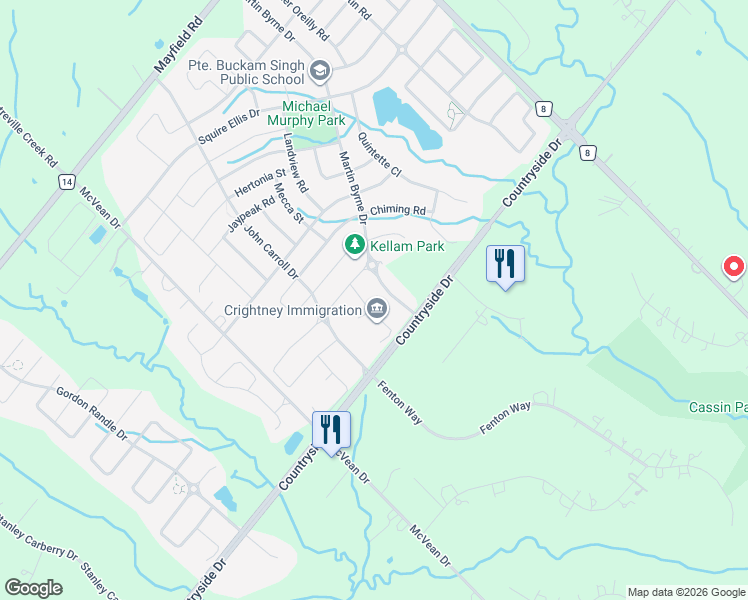 map of restaurants, bars, coffee shops, grocery stores, and more near 38 Markey Ct in Brampton