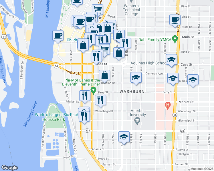 map of restaurants, bars, coffee shops, grocery stores, and more near 609 5th Avenue South in La Crosse