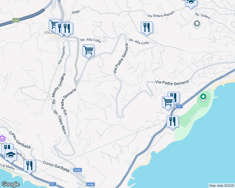 map of restaurants, bars, coffee shops, grocery stores, and more near 245 Via Padre Semeria in Sanremo