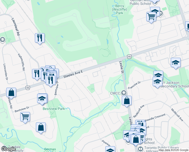 map of restaurants, bars, coffee shops, grocery stores, and more near 55 English Ivyway in Toronto