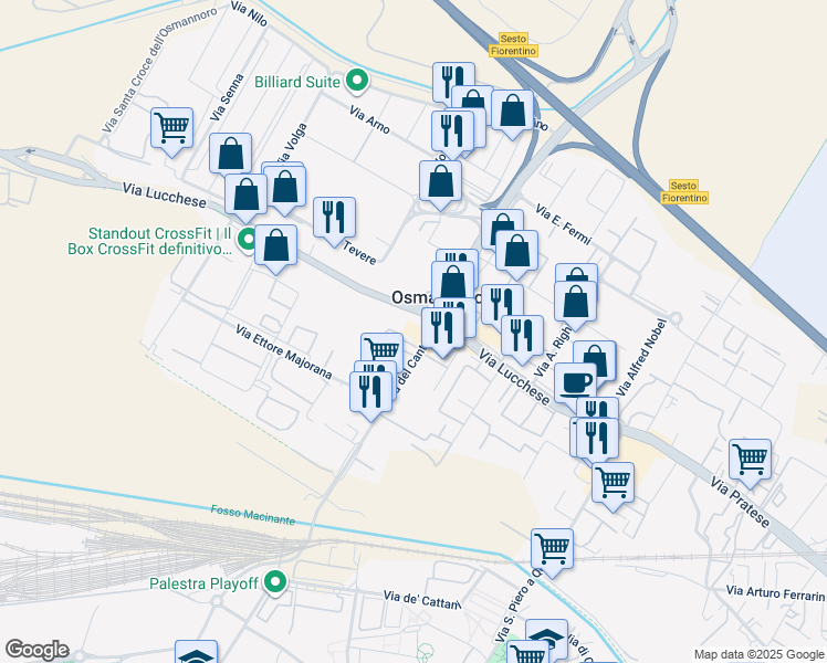 map of restaurants, bars, coffee shops, grocery stores, and more near 42 Via del Cantone in Osmannoro