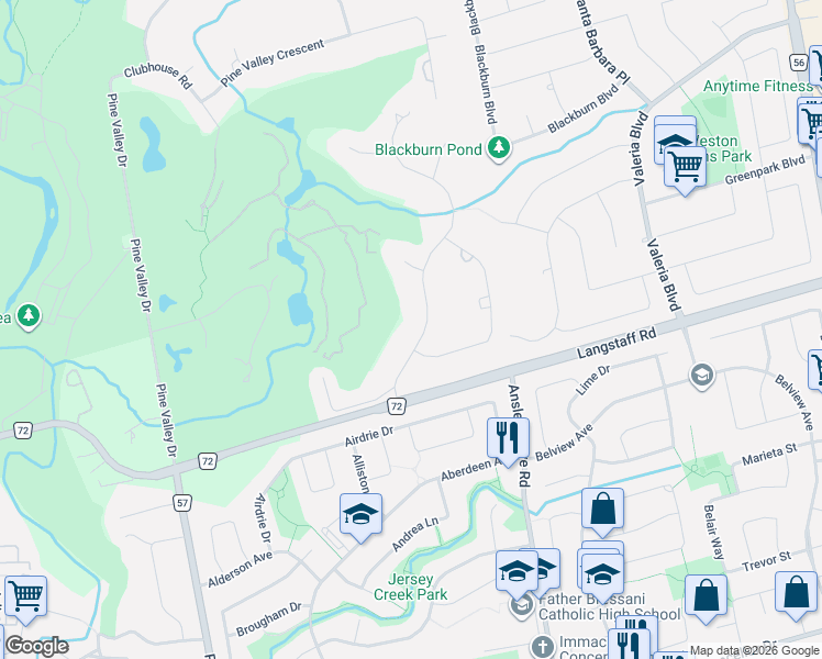 map of restaurants, bars, coffee shops, grocery stores, and more near 72 Balding Boulevard in Vaughan