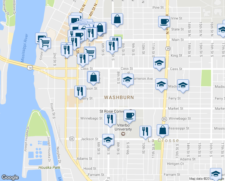 map of restaurants, bars, coffee shops, grocery stores, and more near 710 Division Street in La Crosse