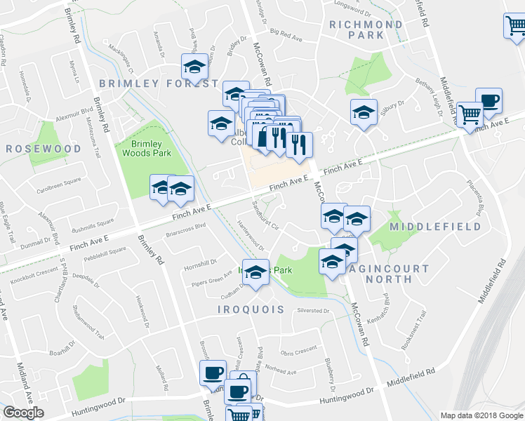 map of restaurants, bars, coffee shops, grocery stores, and more near 17 Sandhurst Circle in Toronto