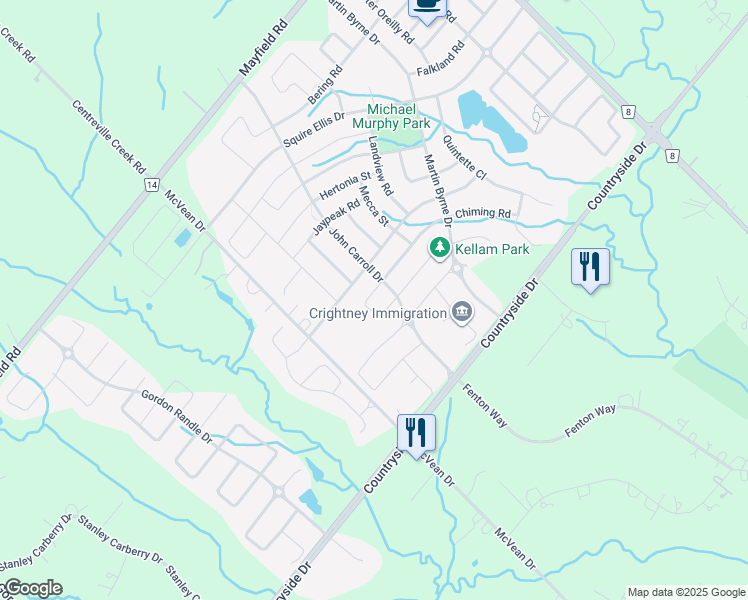 map of restaurants, bars, coffee shops, grocery stores, and more near 32 Avatar Crescent in Brampton