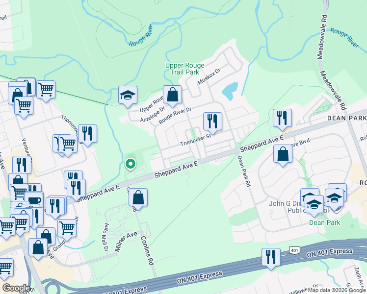 map of restaurants, bars, coffee shops, grocery stores, and more near 35 Trumpeter Street in Toronto