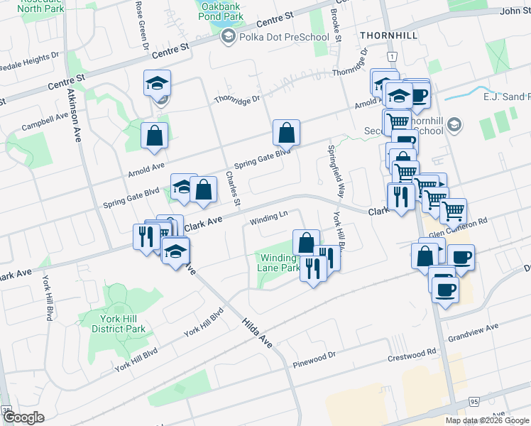 map of restaurants, bars, coffee shops, grocery stores, and more near 150 Winding Lane in Vaughan