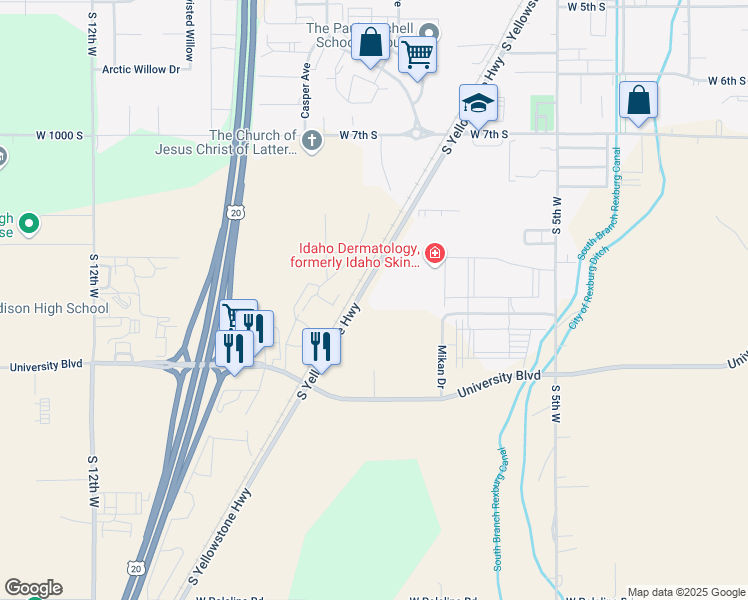 map of restaurants, bars, coffee shops, grocery stores, and more near 957 South Highway 191 in Rexburg