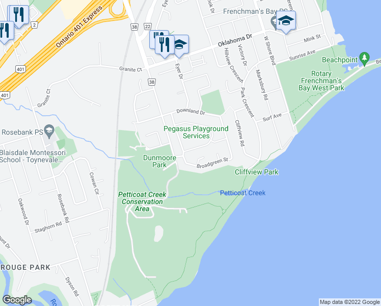 map of restaurants, bars, coffee shops, grocery stores, and more near 586 Creekview Circle in Pickering
