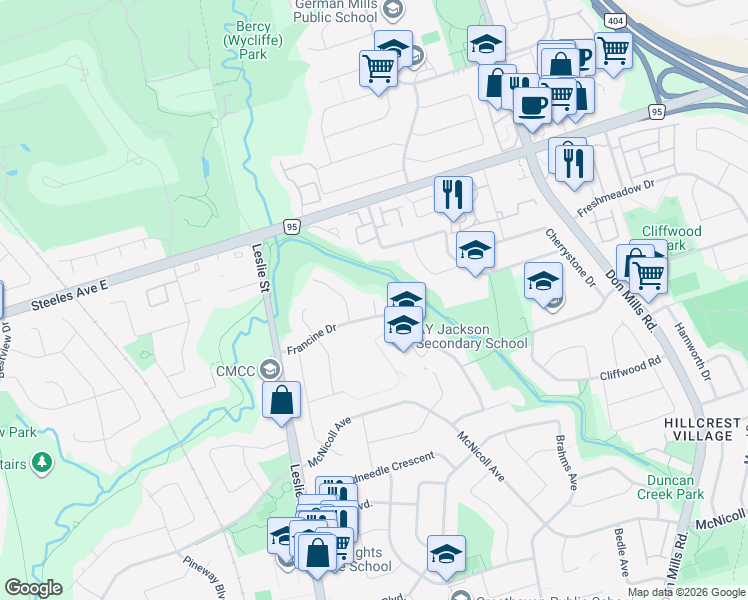 map of restaurants, bars, coffee shops, grocery stores, and more near 90 Maris Shepway in Toronto