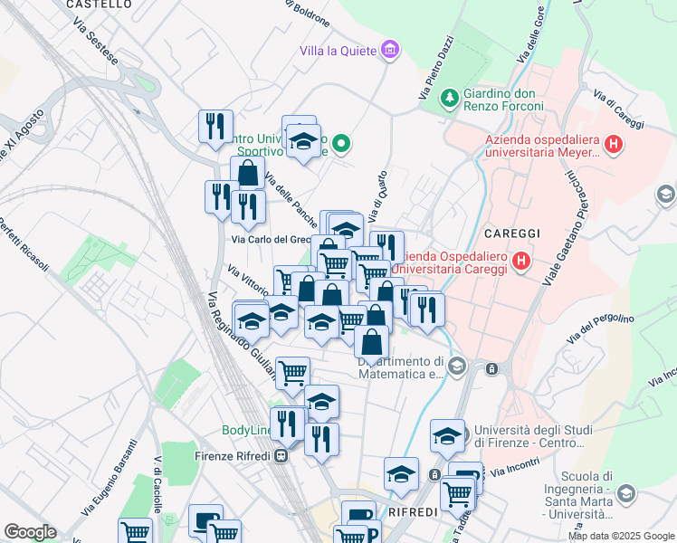 map of restaurants, bars, coffee shops, grocery stores, and more near 93 Via Enrico Guido Bocci in Firenze