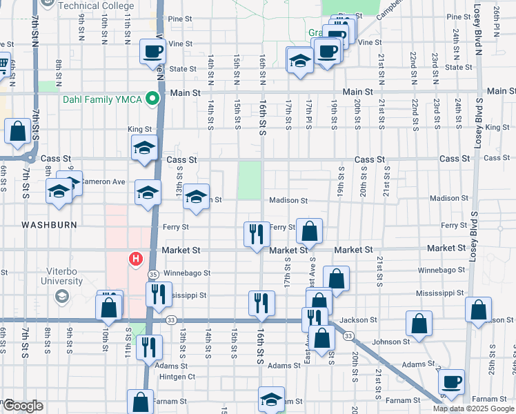 map of restaurants, bars, coffee shops, grocery stores, and more near 1532 Madison Street in La Crosse