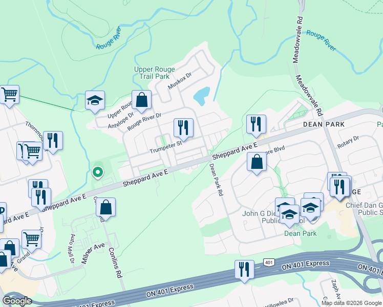 map of restaurants, bars, coffee shops, grocery stores, and more near 57 Coyote Crescent in Toronto