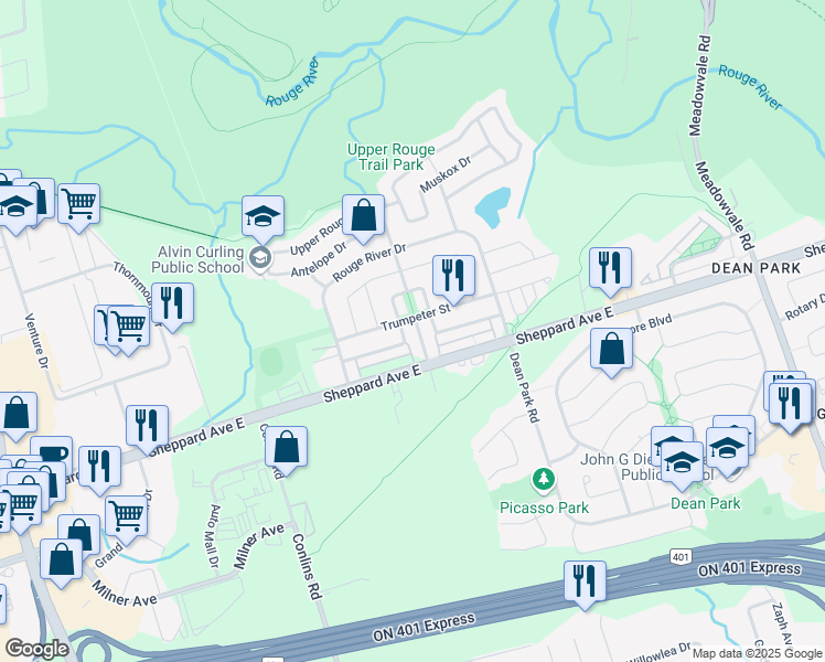 map of restaurants, bars, coffee shops, grocery stores, and more near 28 Ecopark Gate in Toronto
